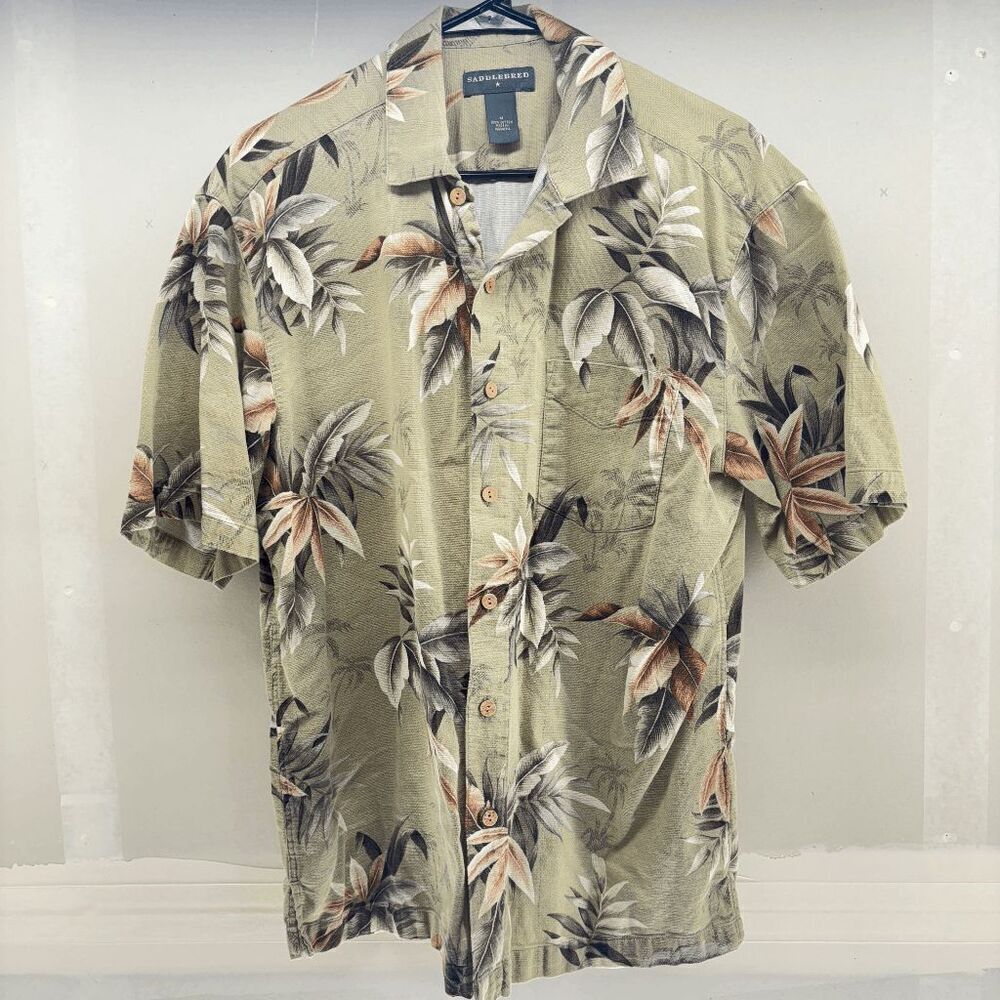Saddlebred Hawaiian Shirt Large Leaves All Over Mens Medium Relaxed Fun Vacation